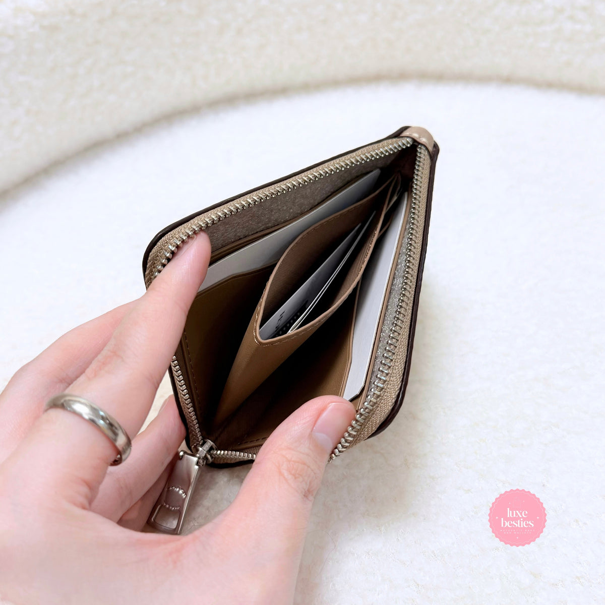 COACH Small Corner Zip Wallet In Signature Canvas | Sand/Taupe