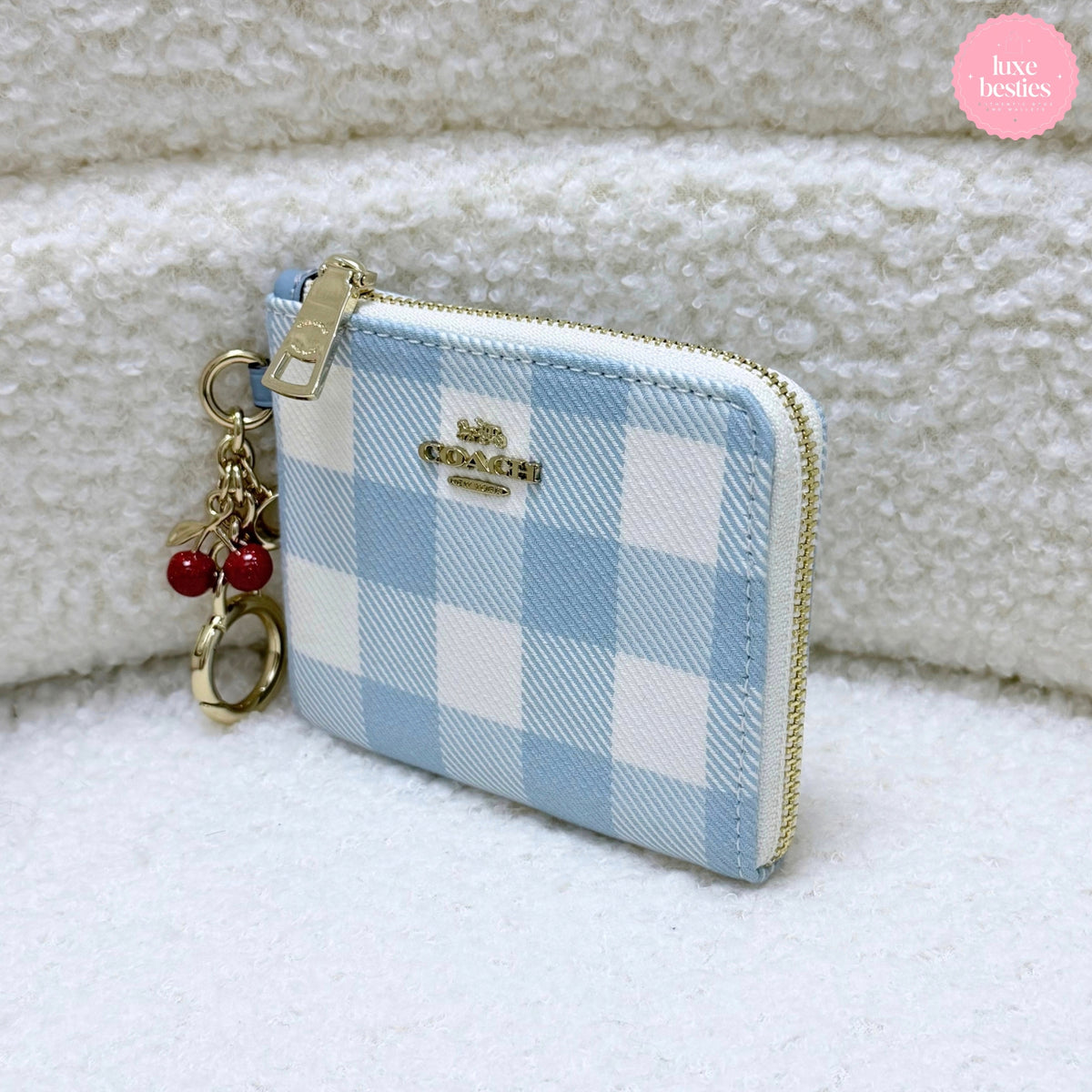 COACH Small Corner Zip Wallet With Gingham Print And Charms | Blue