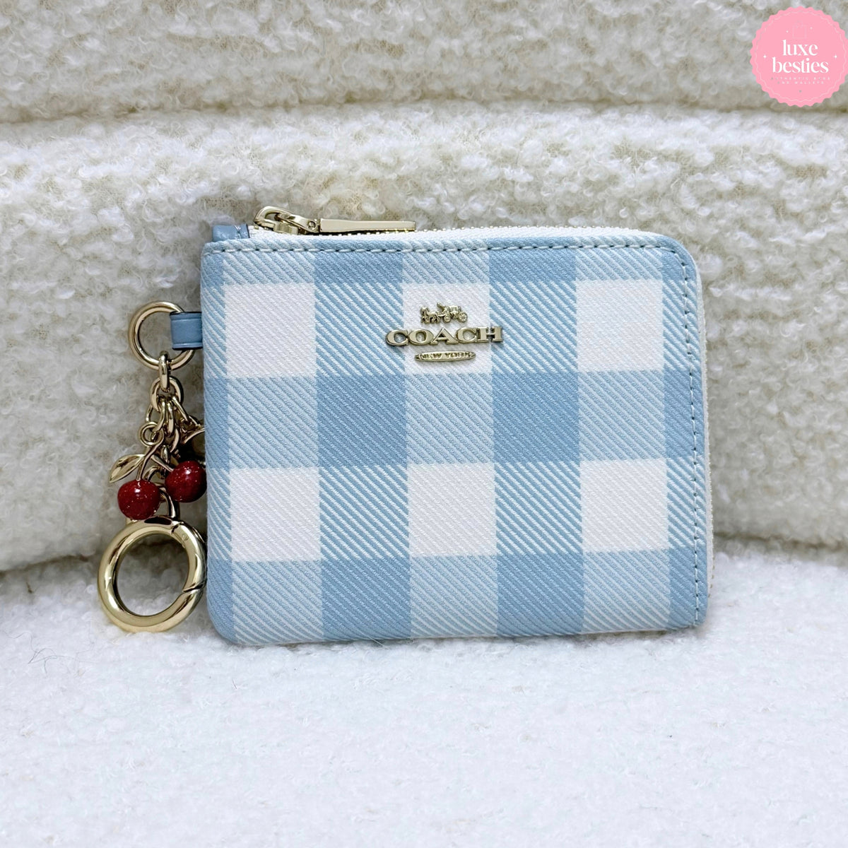COACH Small Corner Zip Wallet With Gingham Print And Charms | Blue