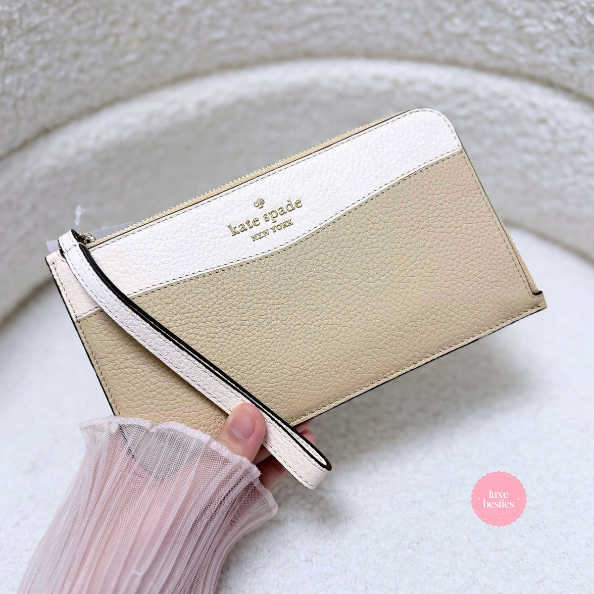 KATE SPADE Lucy Colorblock Pebbled Leather Medium L-Zip Wristlet | Light Sand