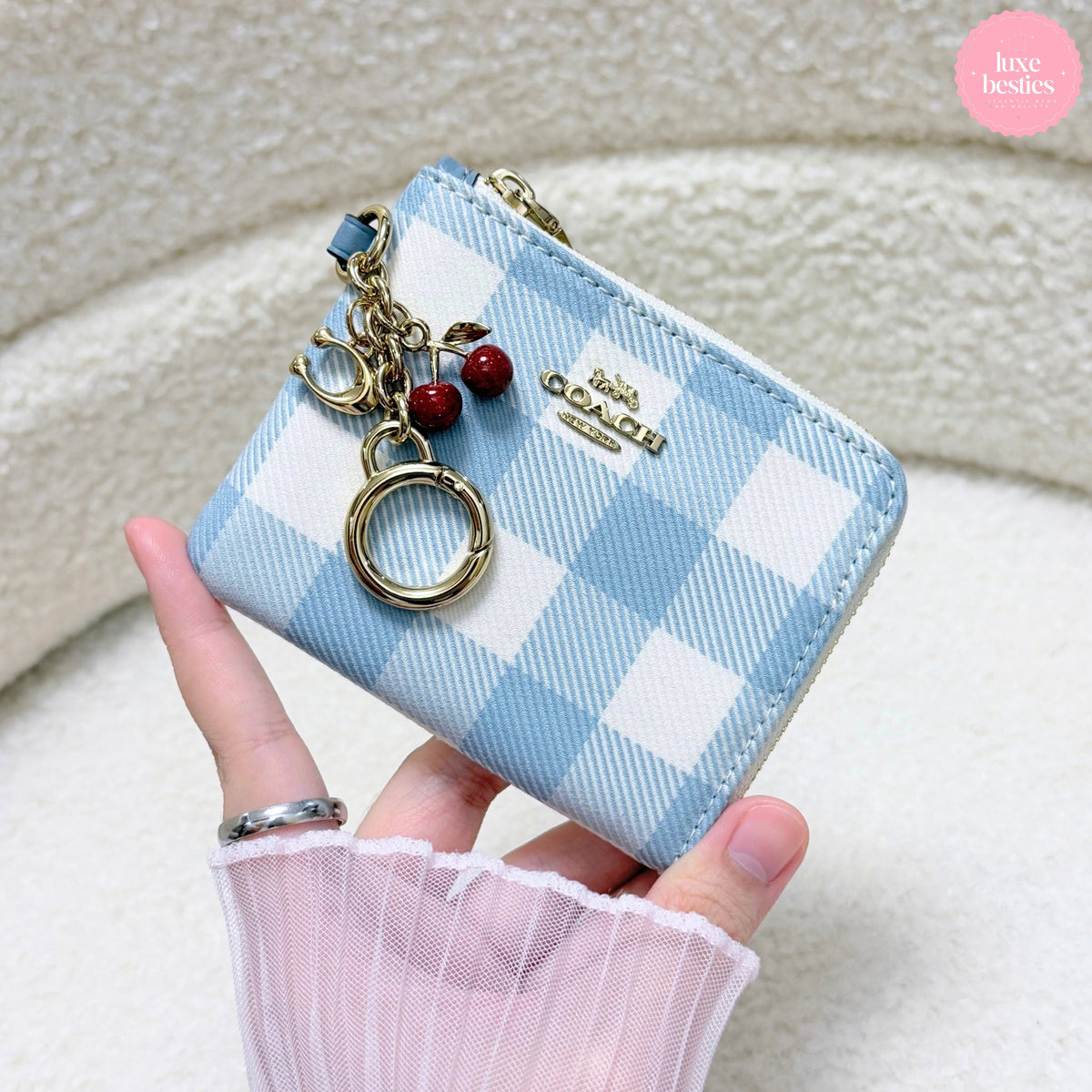 COACH Small Corner Zip Wallet With Gingham Print And Charms | Blue