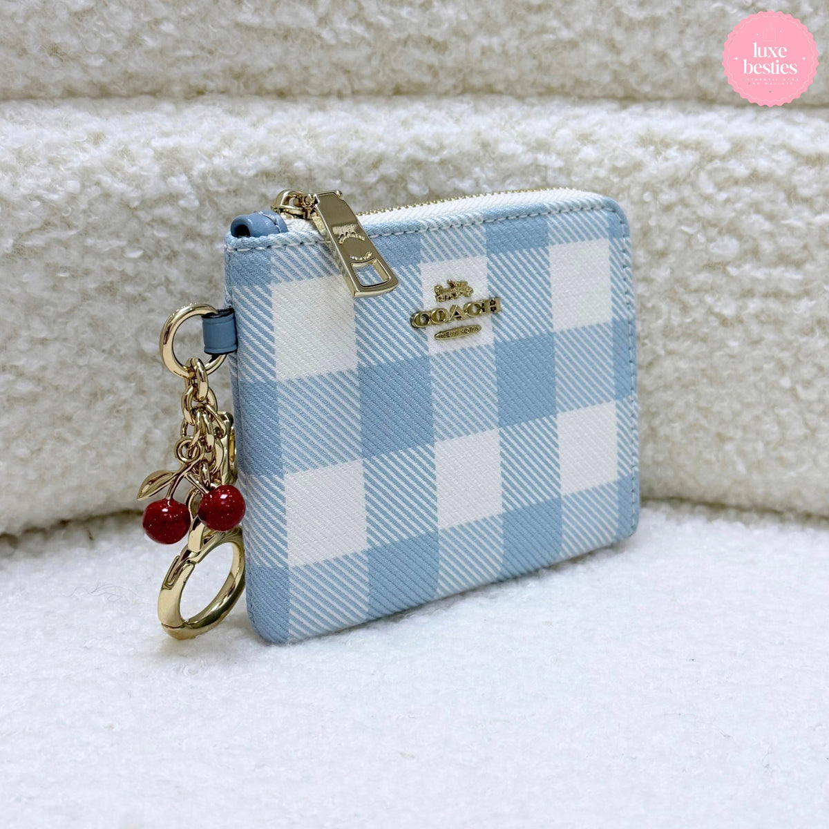 COACH Small Corner Zip Wallet With Gingham Print And Charms | Blue