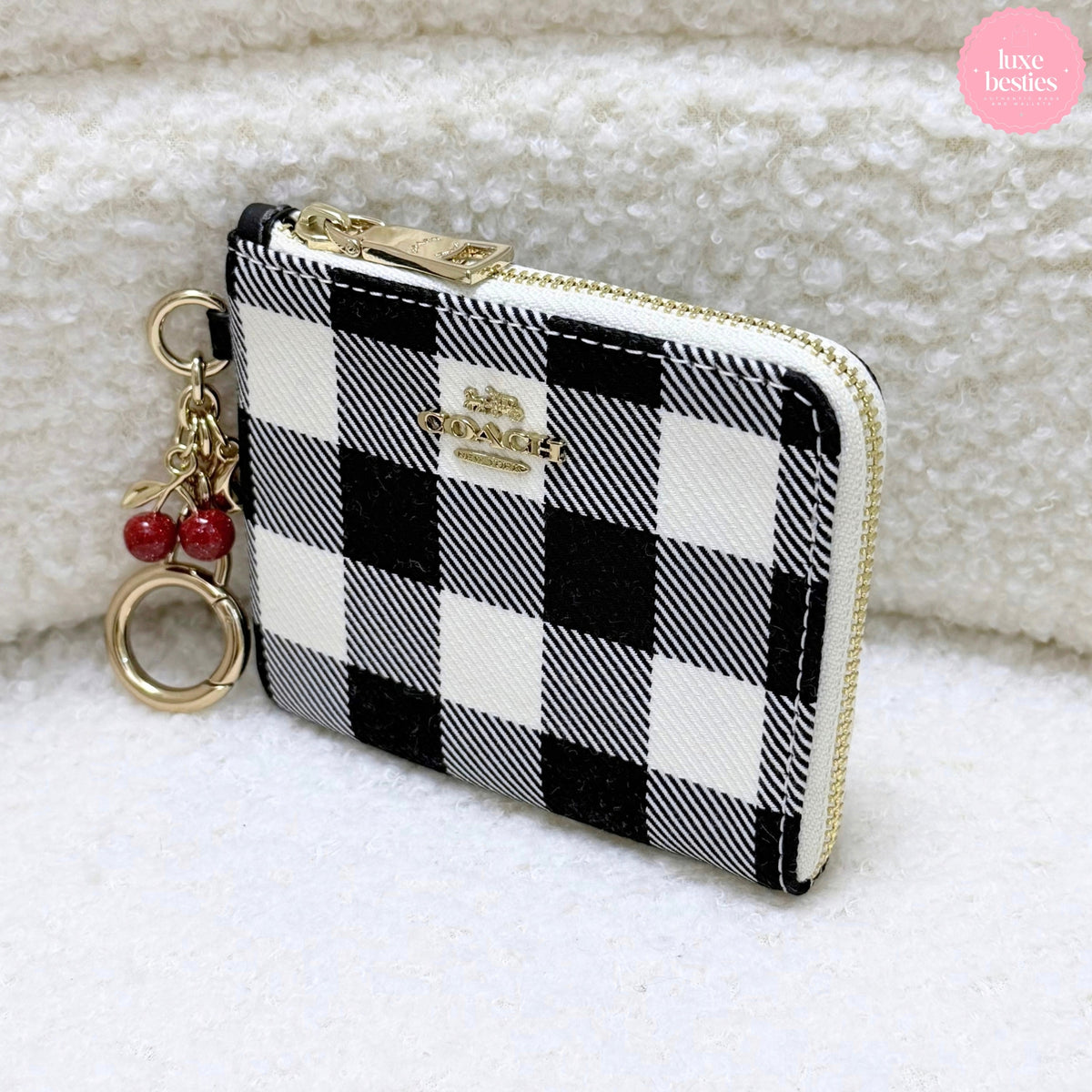 COACH Small Corner Zip Wallet with Gingham Print & Charms | Black