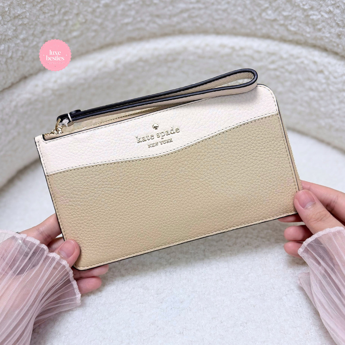 KATE SPADE Lucy Colorblock Pebbled Leather Medium L-Zip Wristlet | Light Sand
