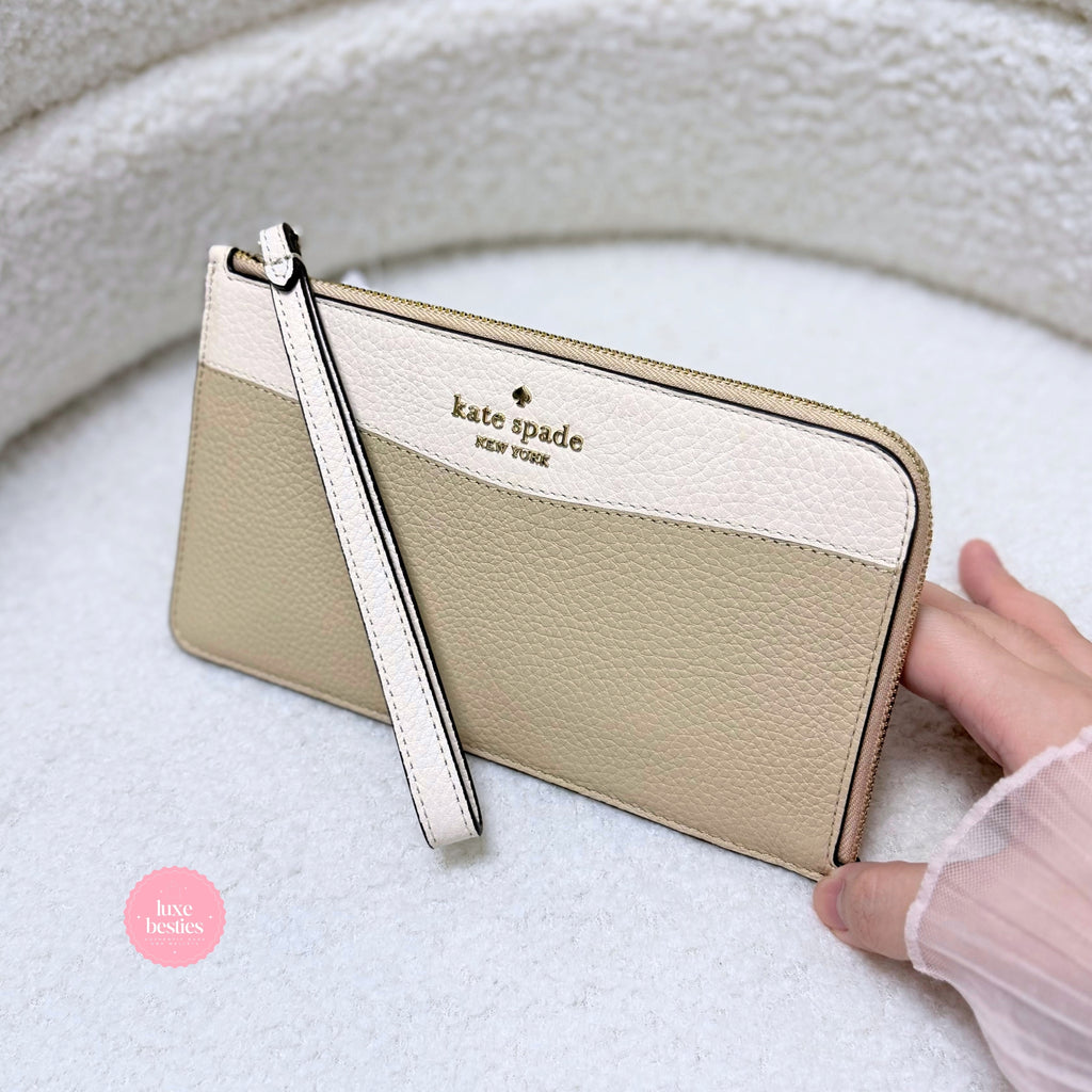 KATE SPADE Lucy Colorblock Pebbled Leather Medium L-Zip Wristlet | Light Sand