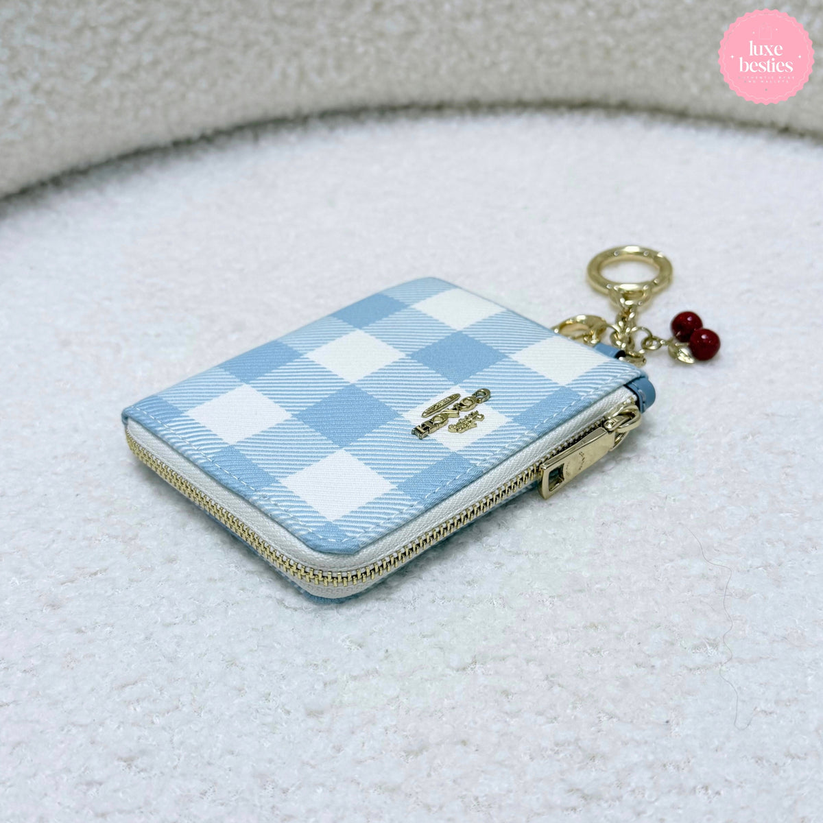 COACH Small Corner Zip Wallet With Gingham Print And Charms | Blue