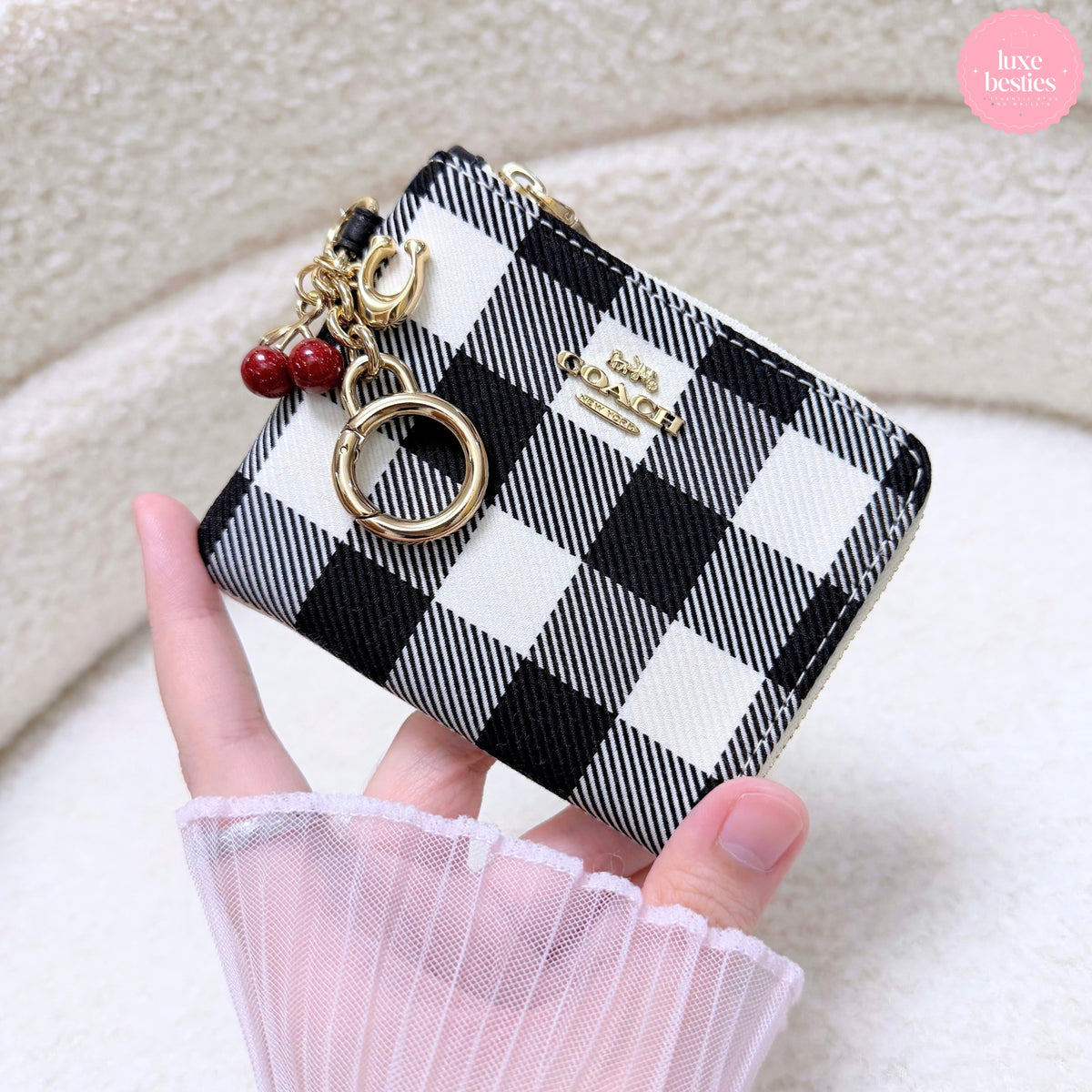 COACH Small Corner Zip Wallet with Gingham Print & Charms | Black